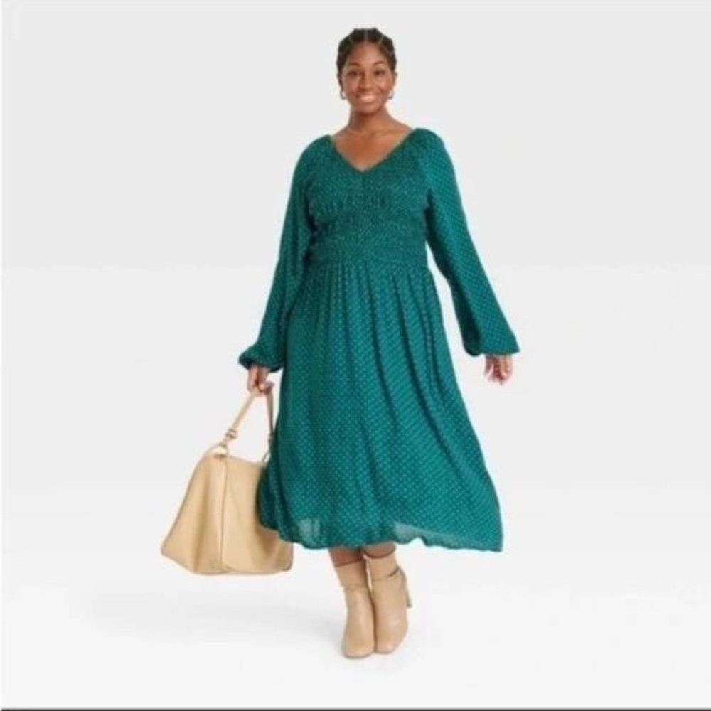 Ava & Viv Smocked Long Sleeve Maxi Dress Cottagecore Green - Womens 4X - NEW
